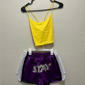 Yellow Crop Top and Purple Shorts Set